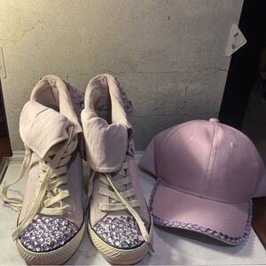 Goldluxe stylish Embellished High-Top wedge Sneakers with matching hat.